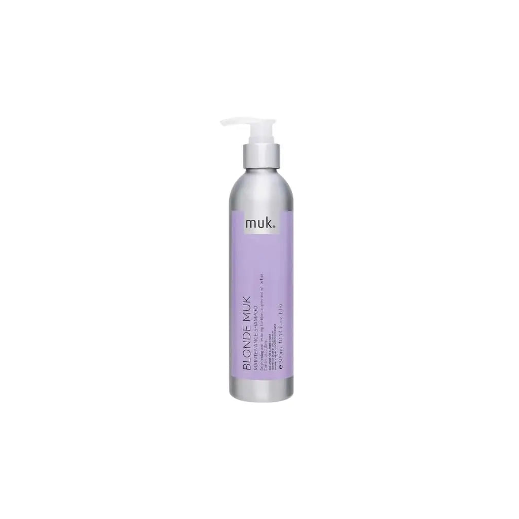 Purple and silver bottle of MUK Blonde Muk Toning Shampoo 300ml with a pump dispenser