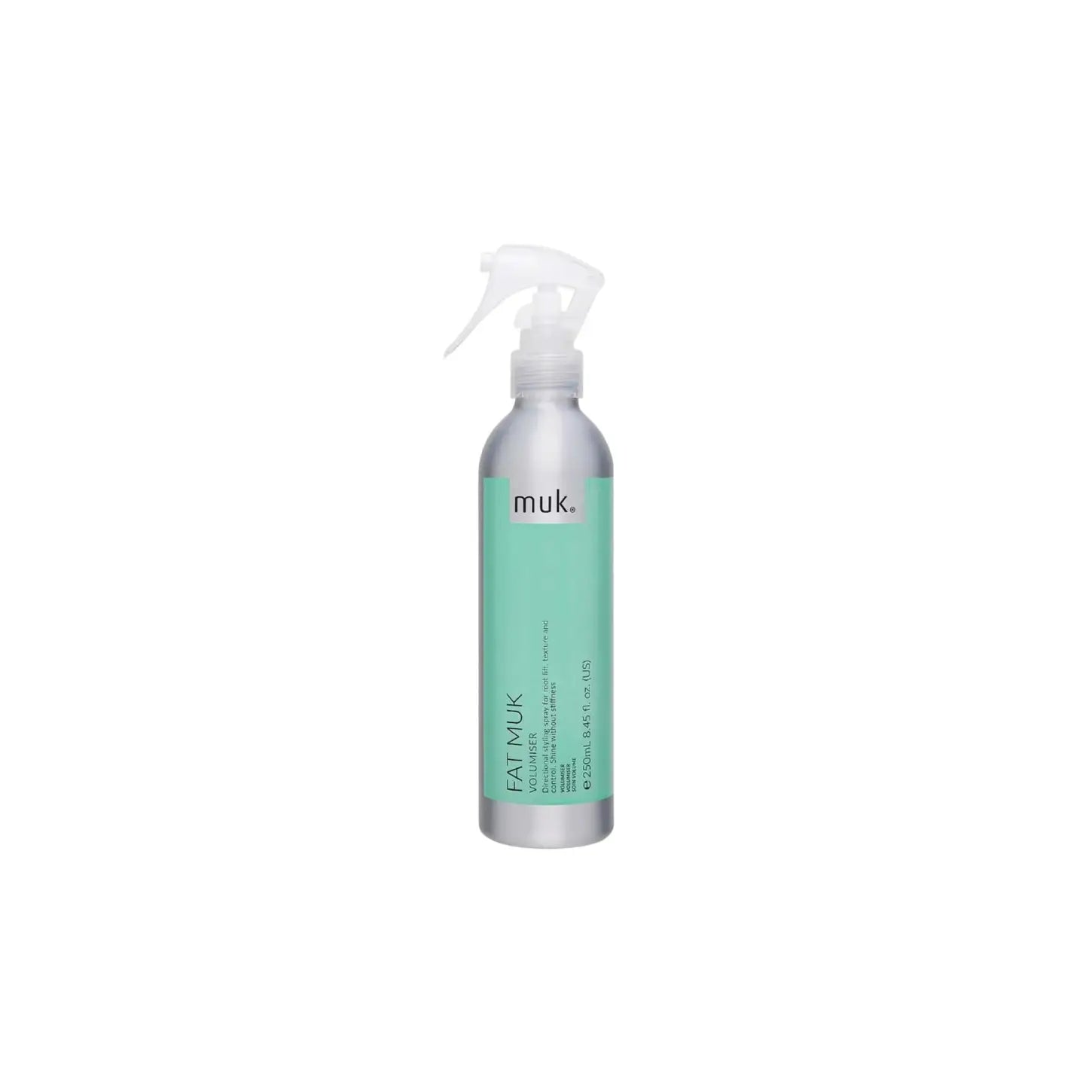 Spray bottle of MUK Fat Muk Volumiser with mint green label - 250ml, weightless formula