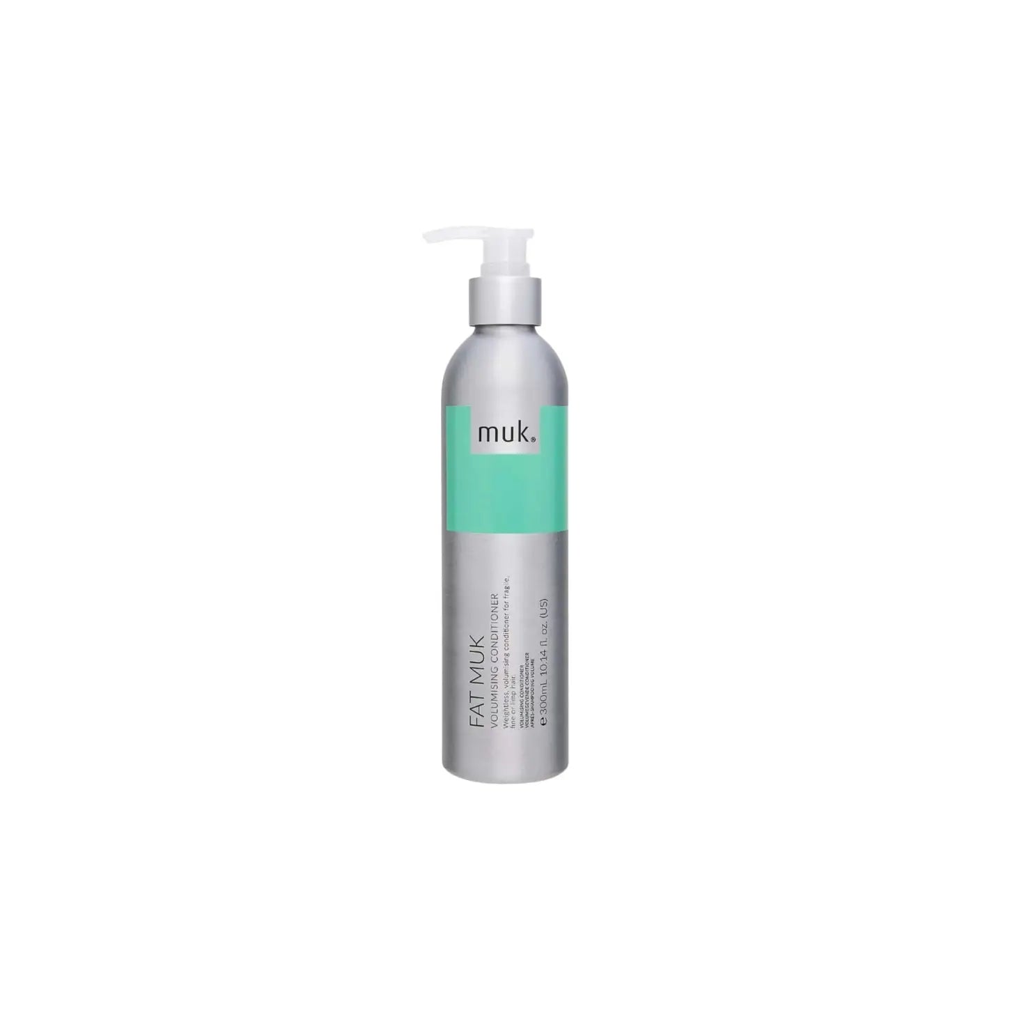 Silver bottle of muk fat muk volumising conditioner with mint green label and pump dispenser