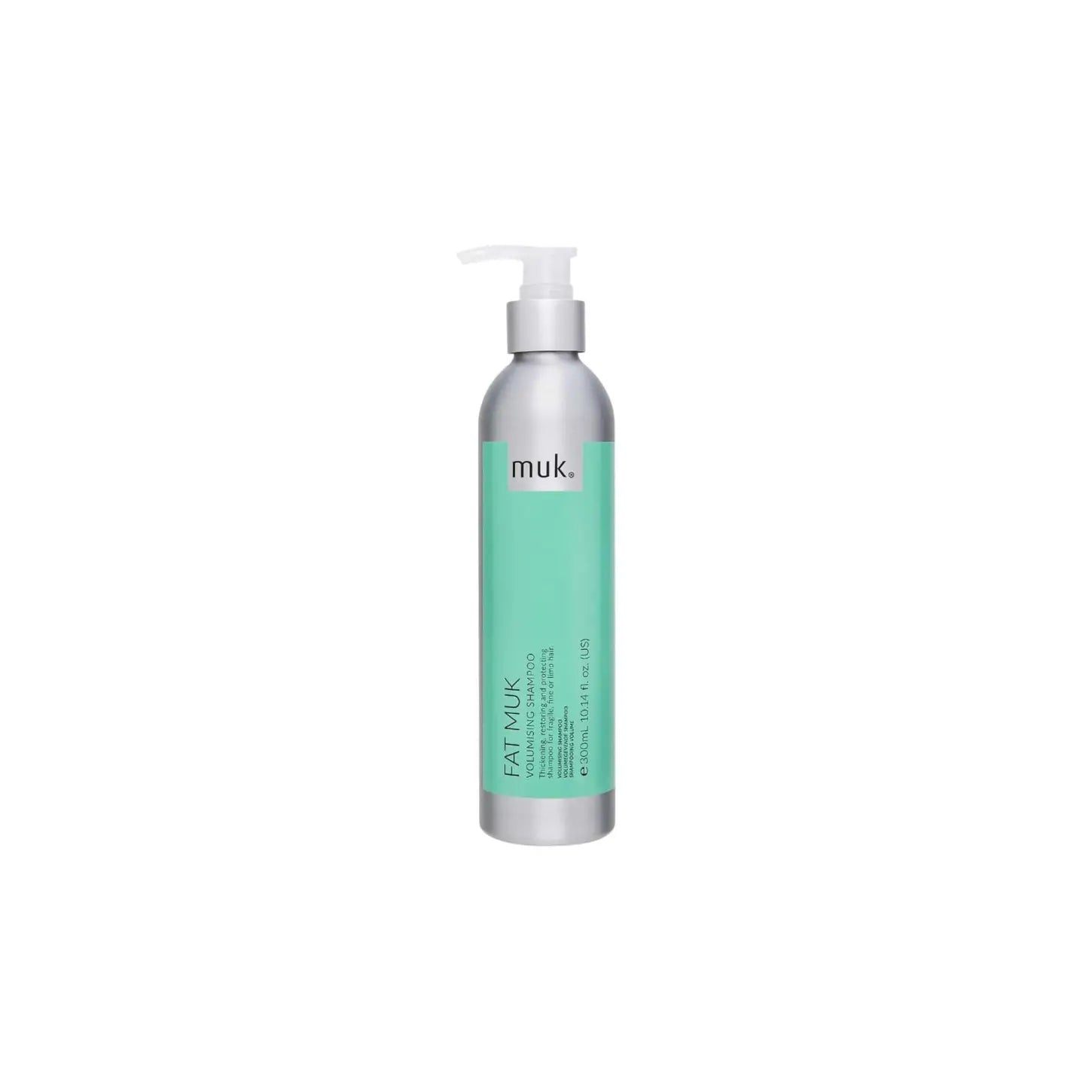 Pump bottle of MUK Fat Muk Volumising Shampoo 300ml with mint green label