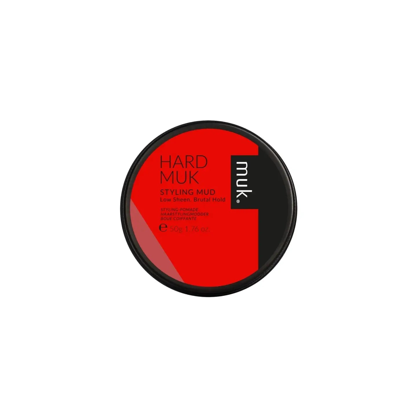 Circular container of Muk Styling Mud Hair Product in red and black packaging - 50g