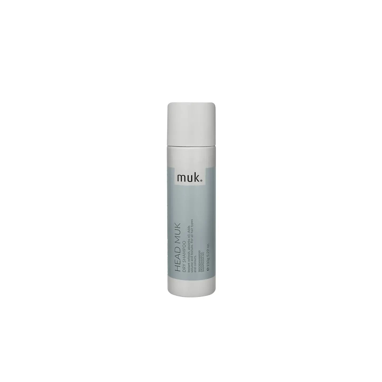 Cylindrical gray bottle of Muk Head Muk Dry Shampoo - 150G for refreshing hair care