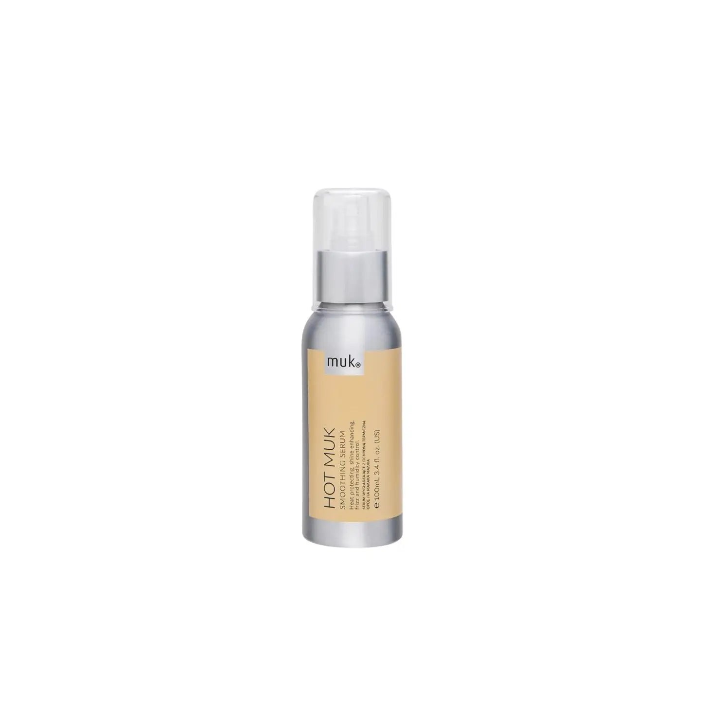 Silver and yellow bottle of Muk Hot Muk Smoothing Serum - 55ml for ultimate shine