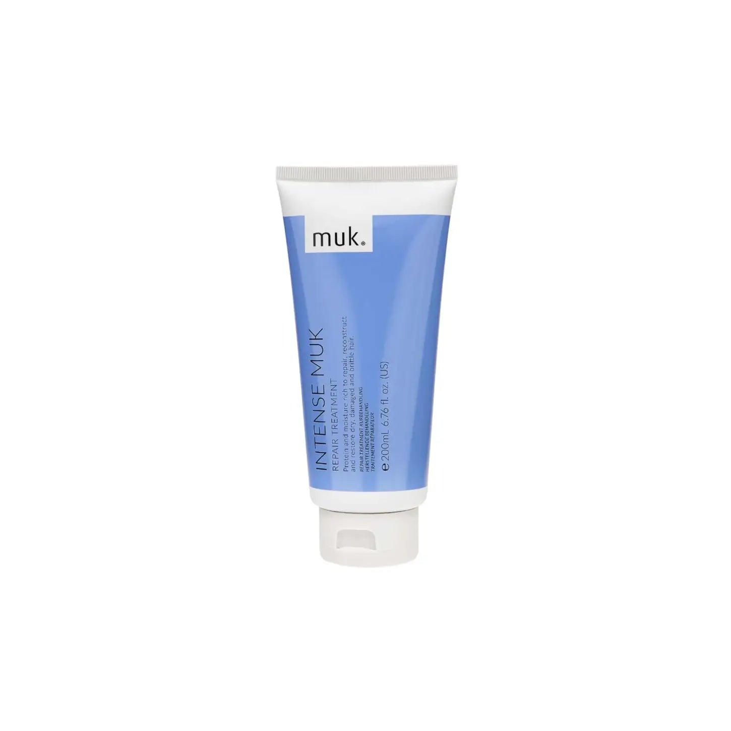 Blue and white tube of MUK Intense Muk Repair Treatment for damaged hair - 200ml