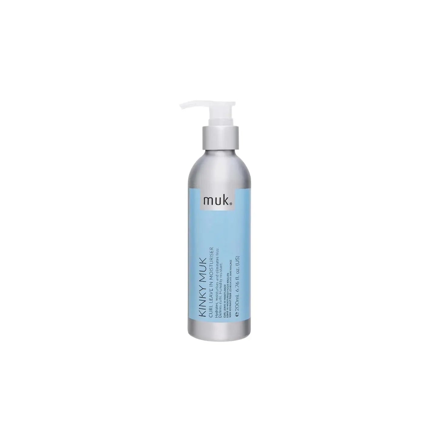 Silver bottle of Muk Kinky Muk Curl Leave In Moisturiser - 200ml with pump and blue label