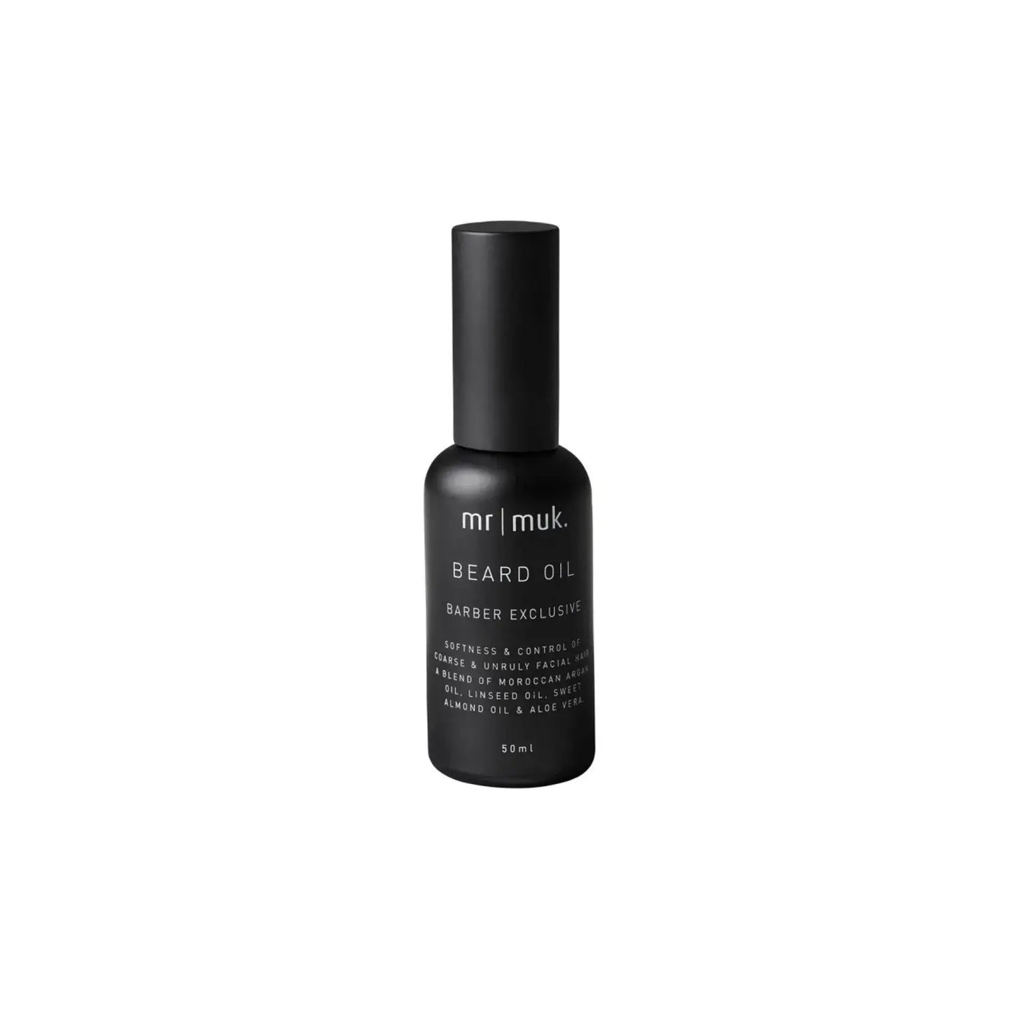 Black bottle of Mr Muk Beard Oil, perfect for coarse facial hair with Moroccan argan oil