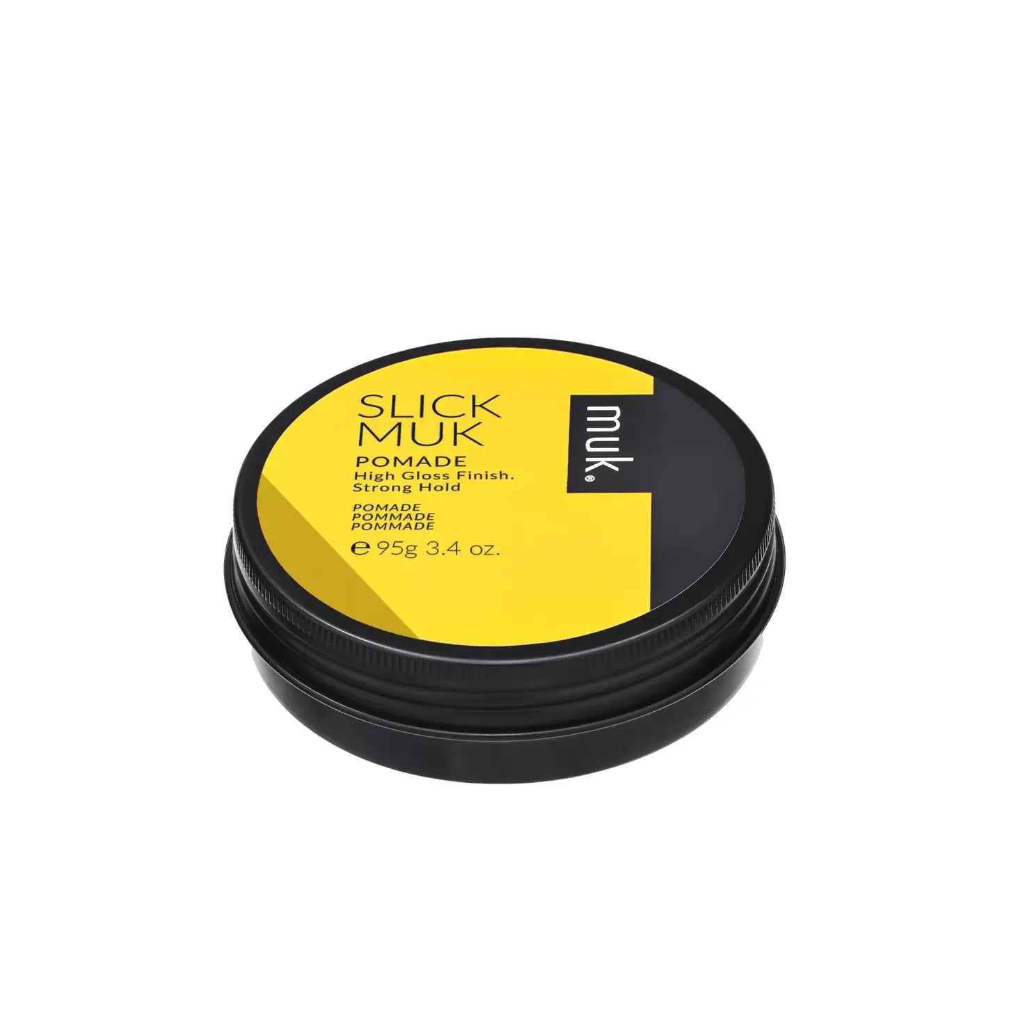 Black container of MUK Slick Muk Styling Pomade - 95g with a yellow and black label