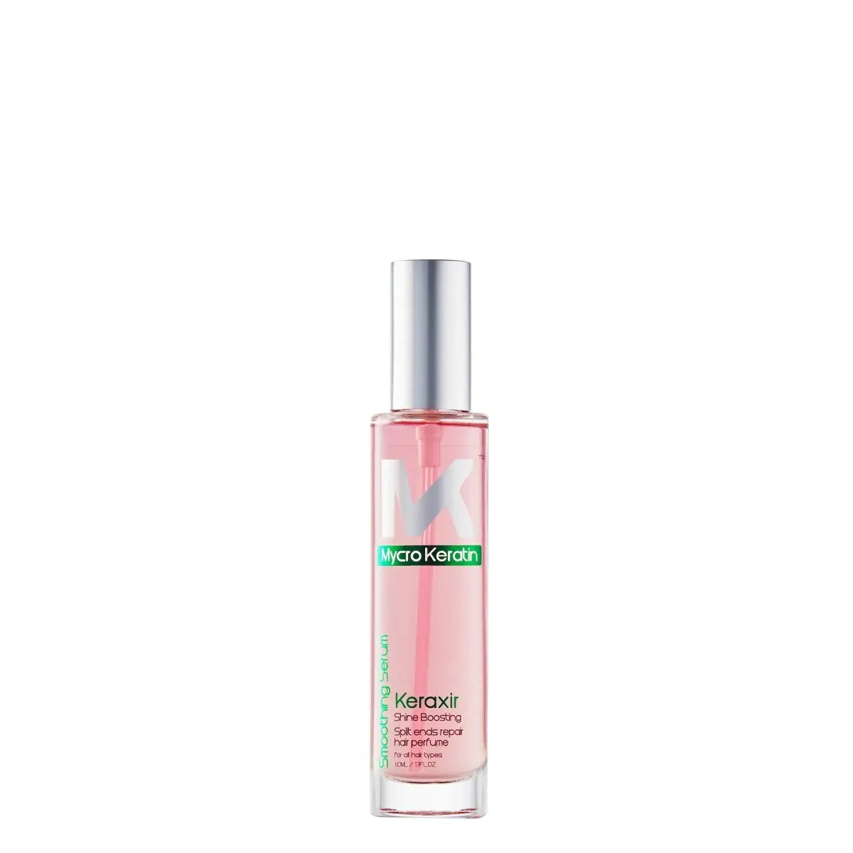 Bottle of Mycro Keratin Keraxir Smoothing Serum with pink perfume and silver cap