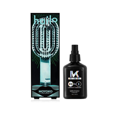 Moyoko Hailo Detangling Brush and Mycro Keratin Treatment in sleek packaging