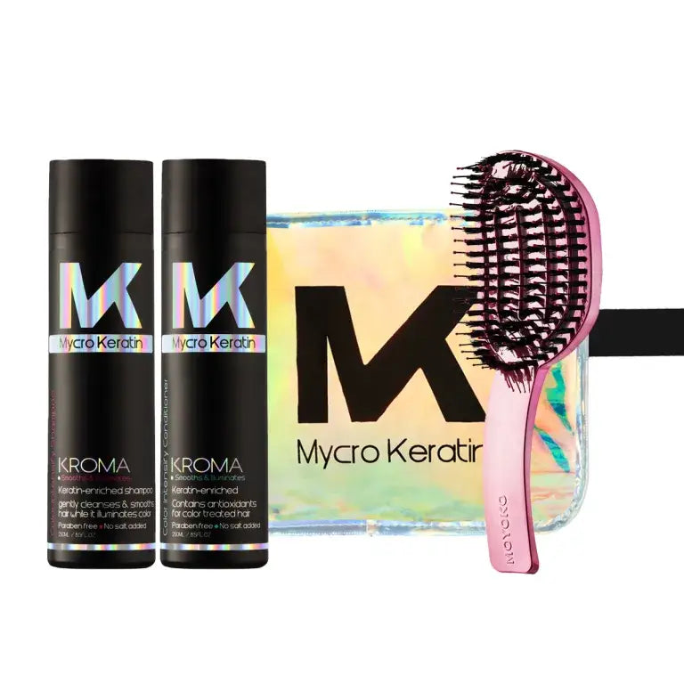 Hair care product set featuring Mycro Keratin shampoo bottles and a pink styling brush.