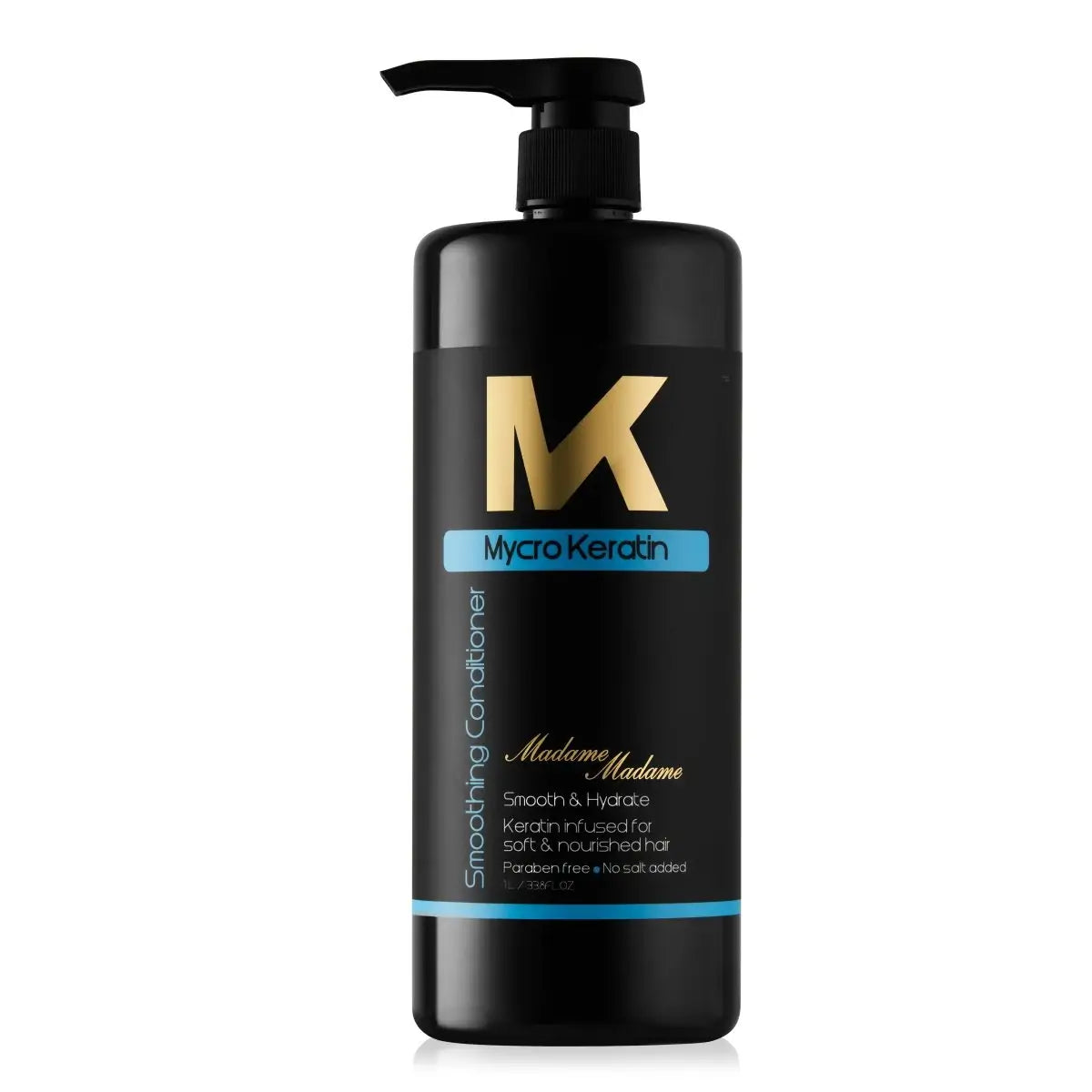 Black bottle of Mycro Keratin Madame Madame Conditioner 1L with pump dispenser