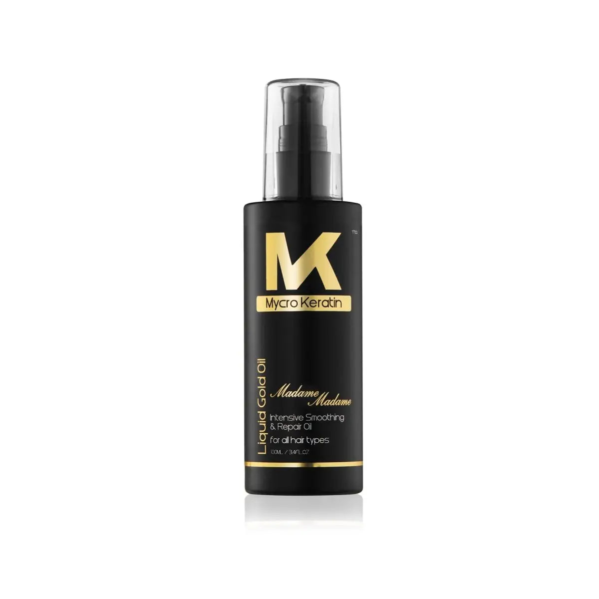 Black Mycro Keratin Madame Liquid Gold Oil bottle with gold lettering, 100ml