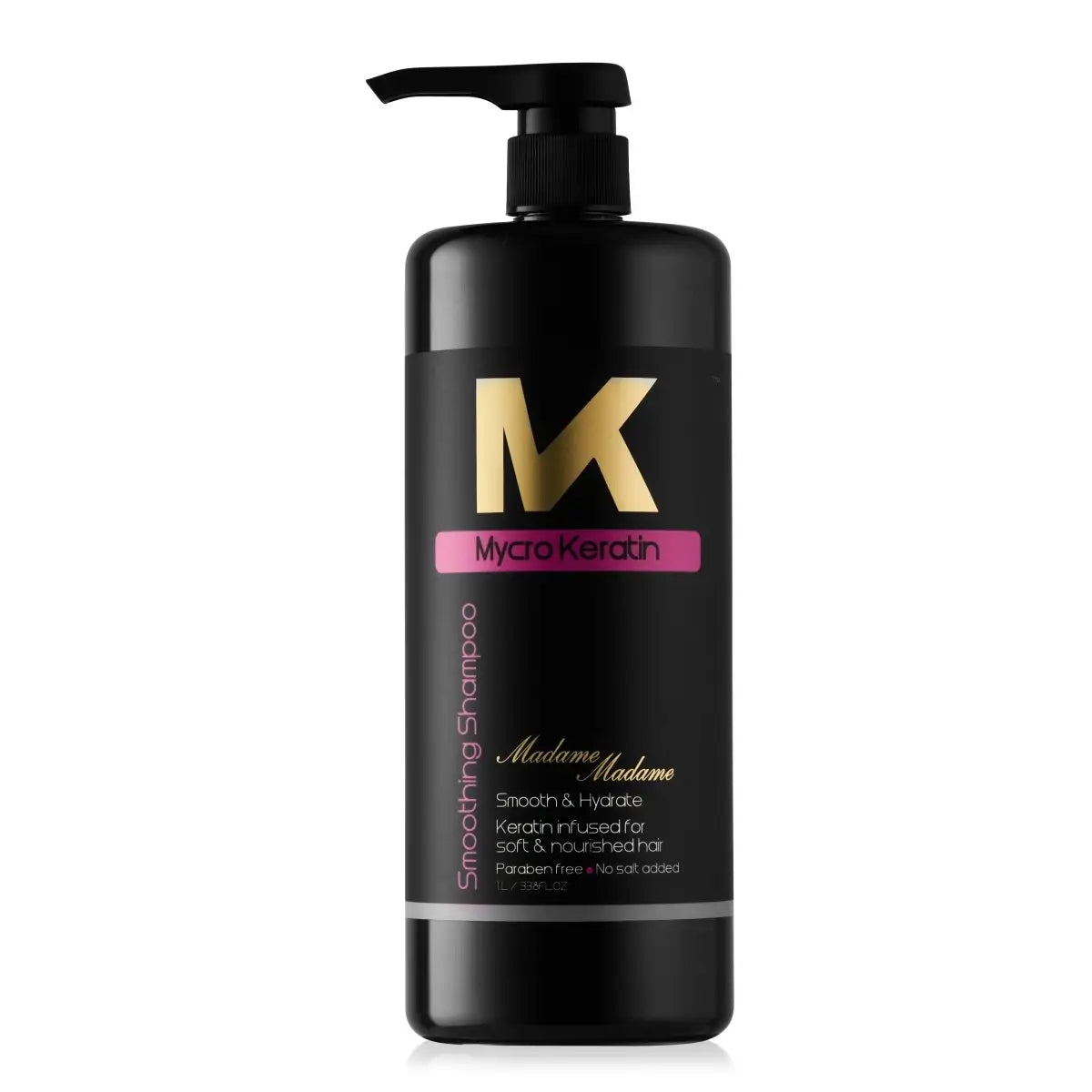 Black bottle of Mycro Keratin Madame Madame Shampoo 1L with pump dispenser