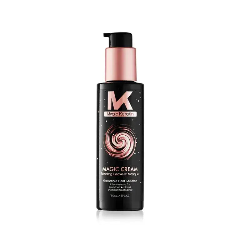 Black bottle with pink accents labeled ’MK Magic Cream’ for hair care.