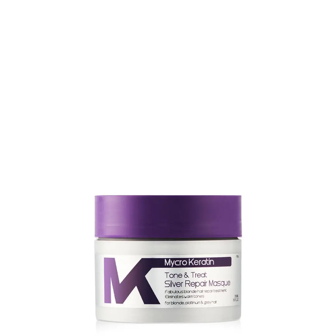 Mycro Keratin Tone&Treat Silver Repair Masque 250ml with purple lid and branding