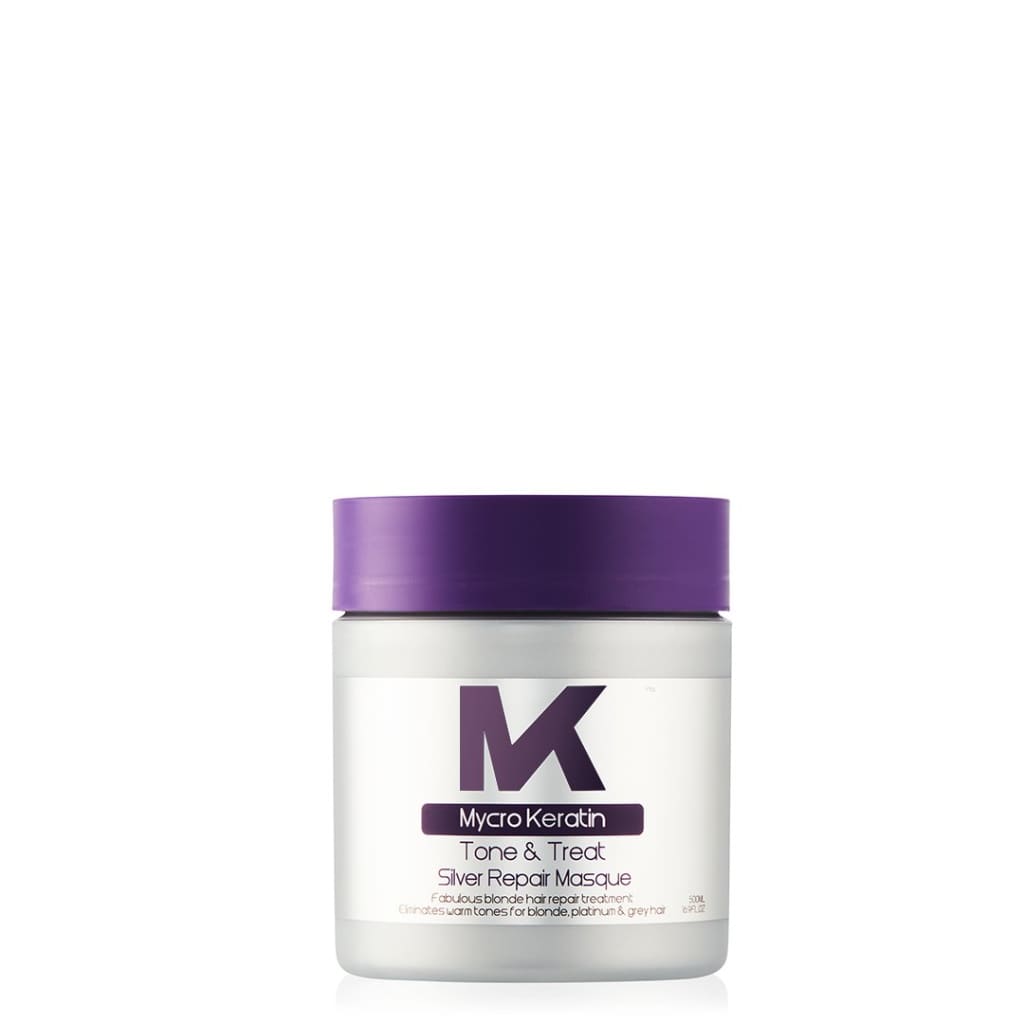 Mycro Keratin Tone&Treat Silver Repair Masque 500ml container with a purple lid