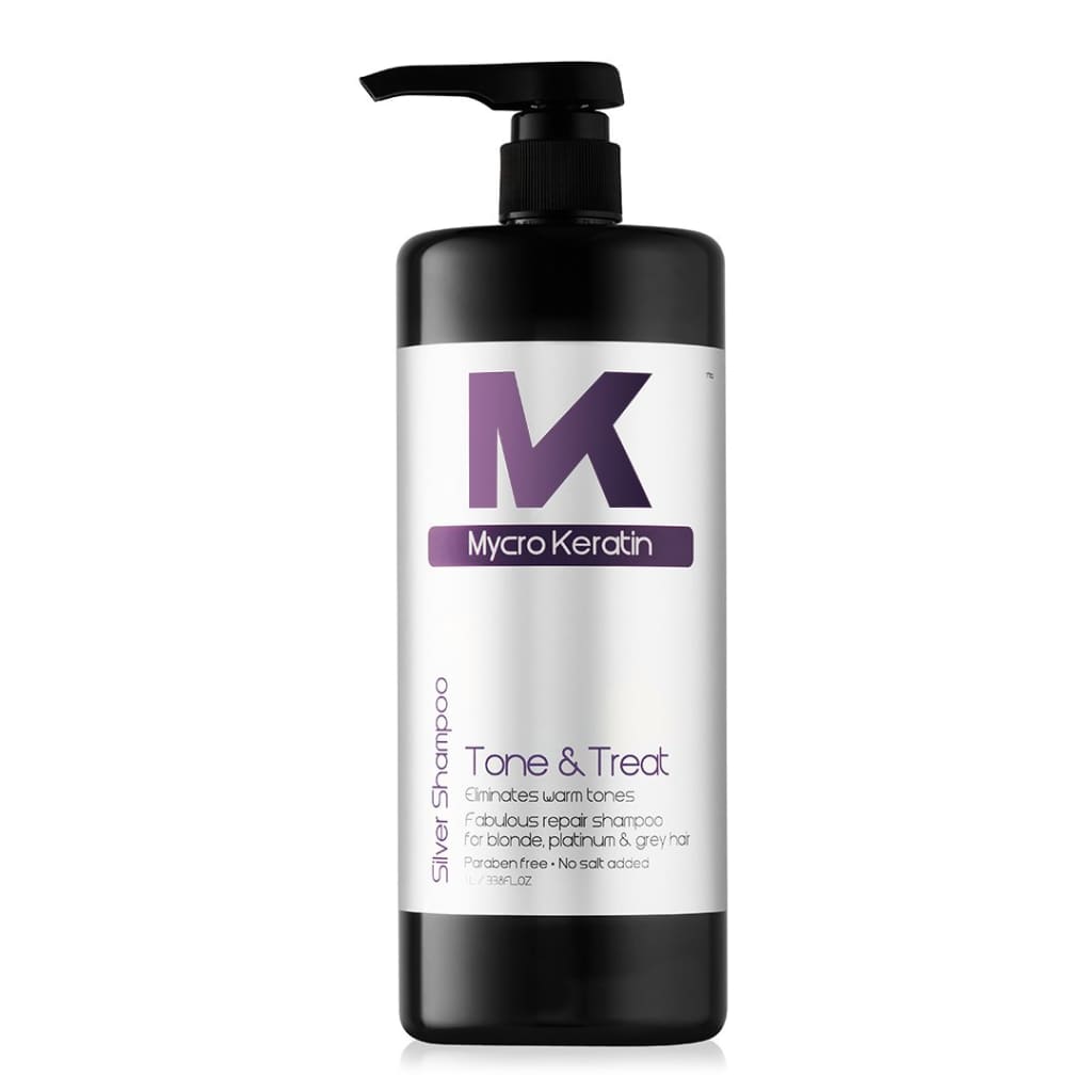 Black bottle of Mycro Keratin Tone&Treat Silver Shampoo 1L with pump dispenser