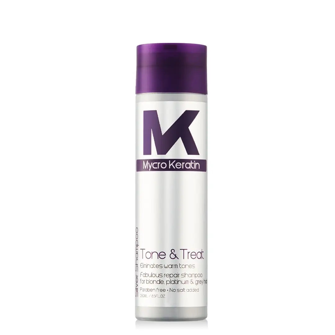 Mycro Keratin Tone&Treat Silver Shampoo 250ml with purple cap and logo