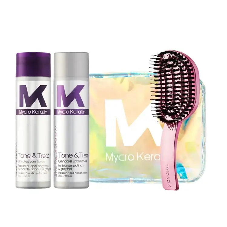 Hair care set with Mycro Keratin shampoo, holographic pouch, and detangling brush in Cape Town