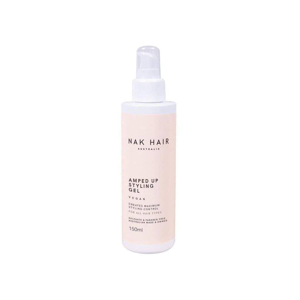 Nak Amped hair styling gel spray bottle, 150ml, NAK HAIR in pale pink and white packaging