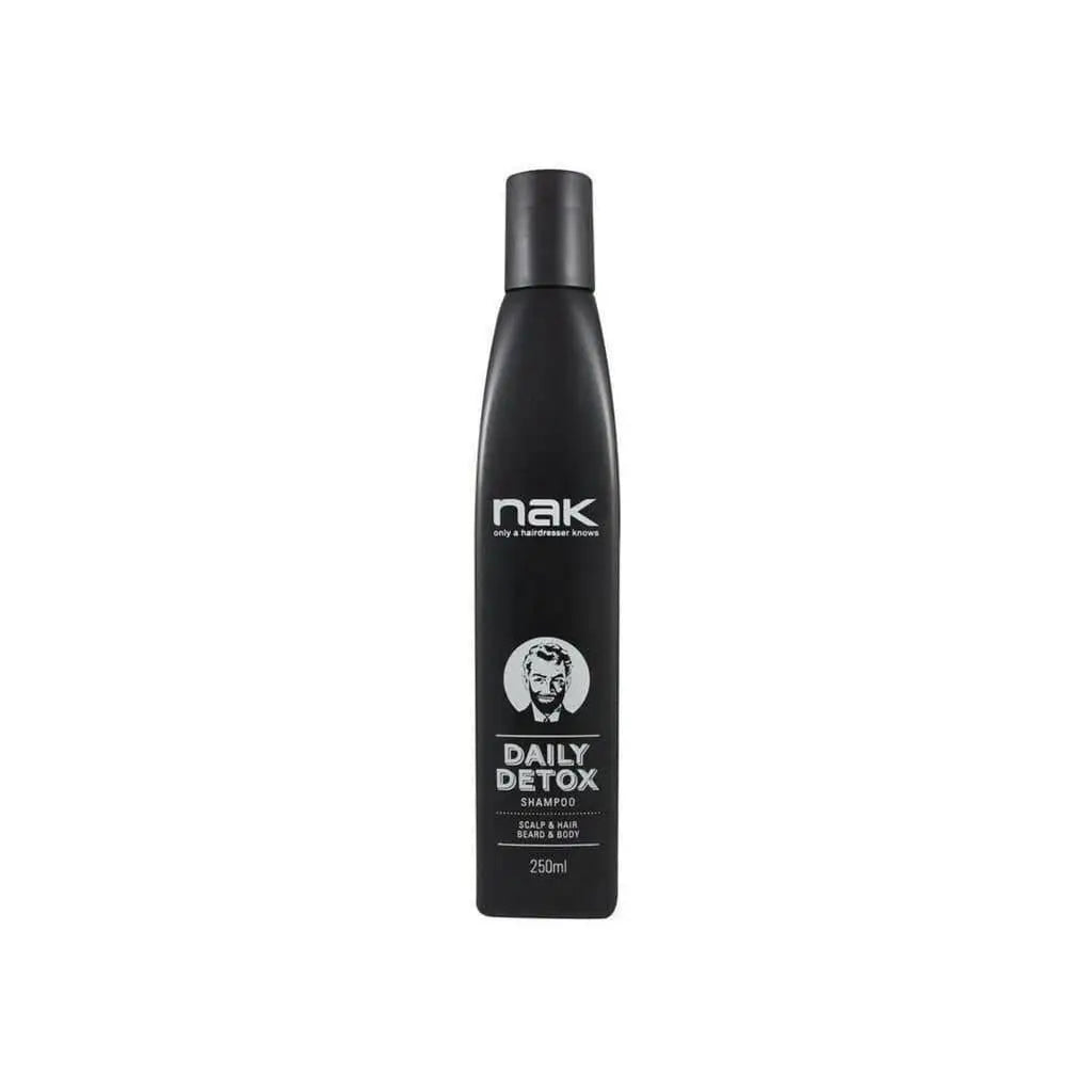 Black bottle of Nak Daily Detox shampoo for men, 250ml, revitalizes hair and body