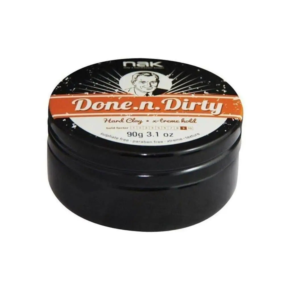 Nak Done N Dirty Clay 90g hair styling product container with retro design