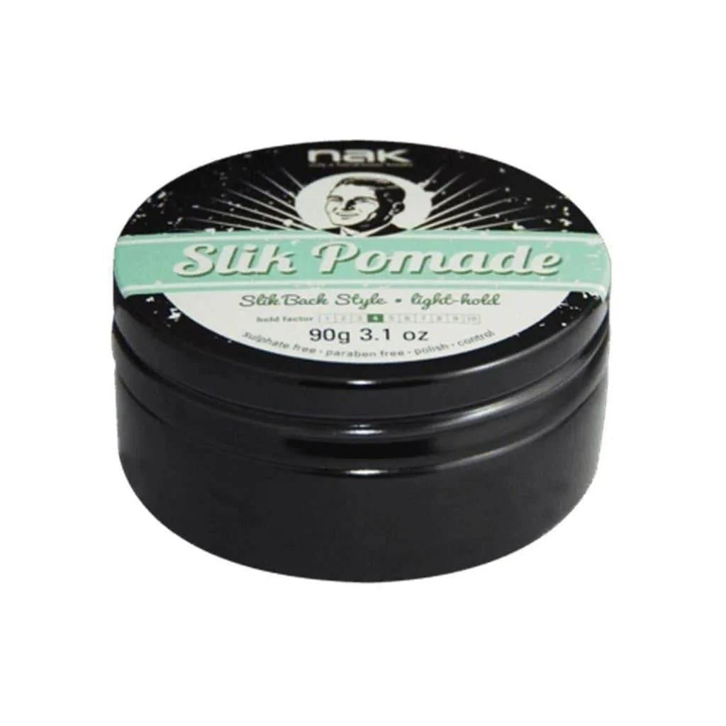 Black container of NAK Silk Pomade Wax 90g with retro-style label for sleek hair styling