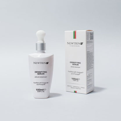 Bottle of Newtrin Densifying Serum with packaging; Newtrino 100ml scalp serum for hair density