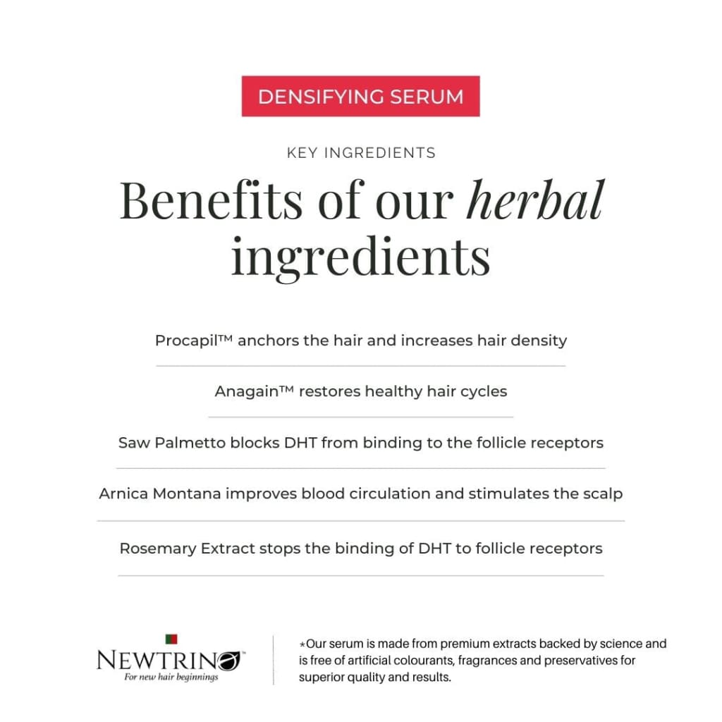 Benefits of herbal ingredients in Newtrino 100ml Scalp Serum for improving hair density