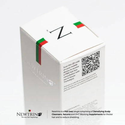 White Newtrino 100ml Scalp Serum box with QR code, green and red accents for hair density