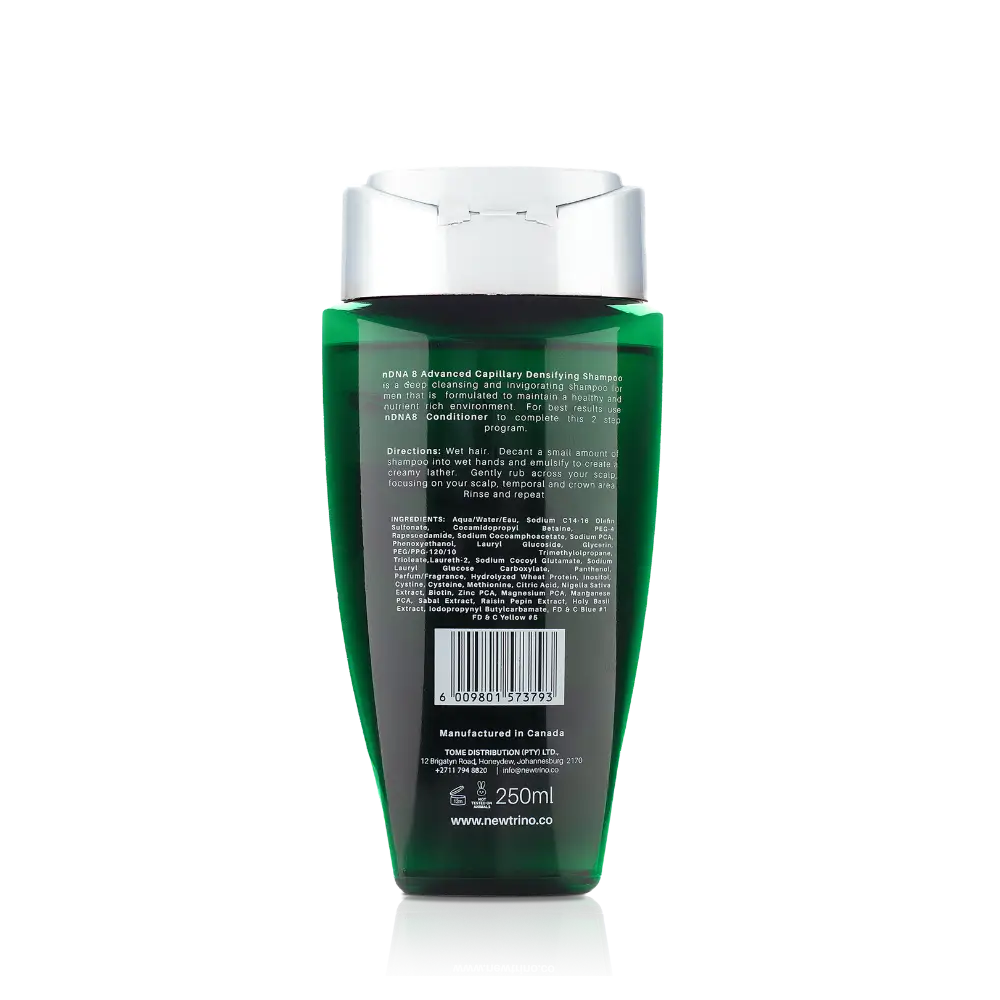 Green plastic bottle of Newtrino 250ml Shampoo nDNA 8 Sulfate/Sodium Chloride Free for Men