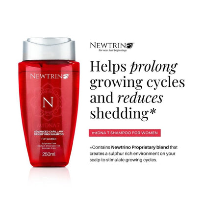 Red bottle of Newtrino mt7 DNA Shampoo for women, sulfate and sodium chloride free