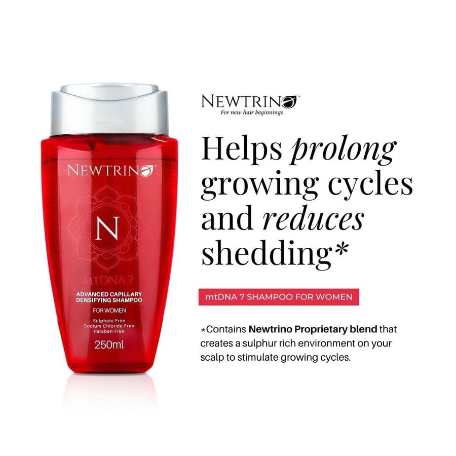 Red bottle of Newtrino mt7 DNA Shampoo for women, sulfate and sodium chloride free