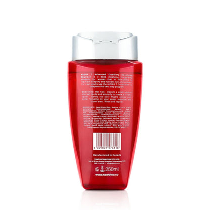 Red plastic bottle of Newtrino 250ml Women’s MT7 DNA Shampoo, sulfate/sodium chloride free