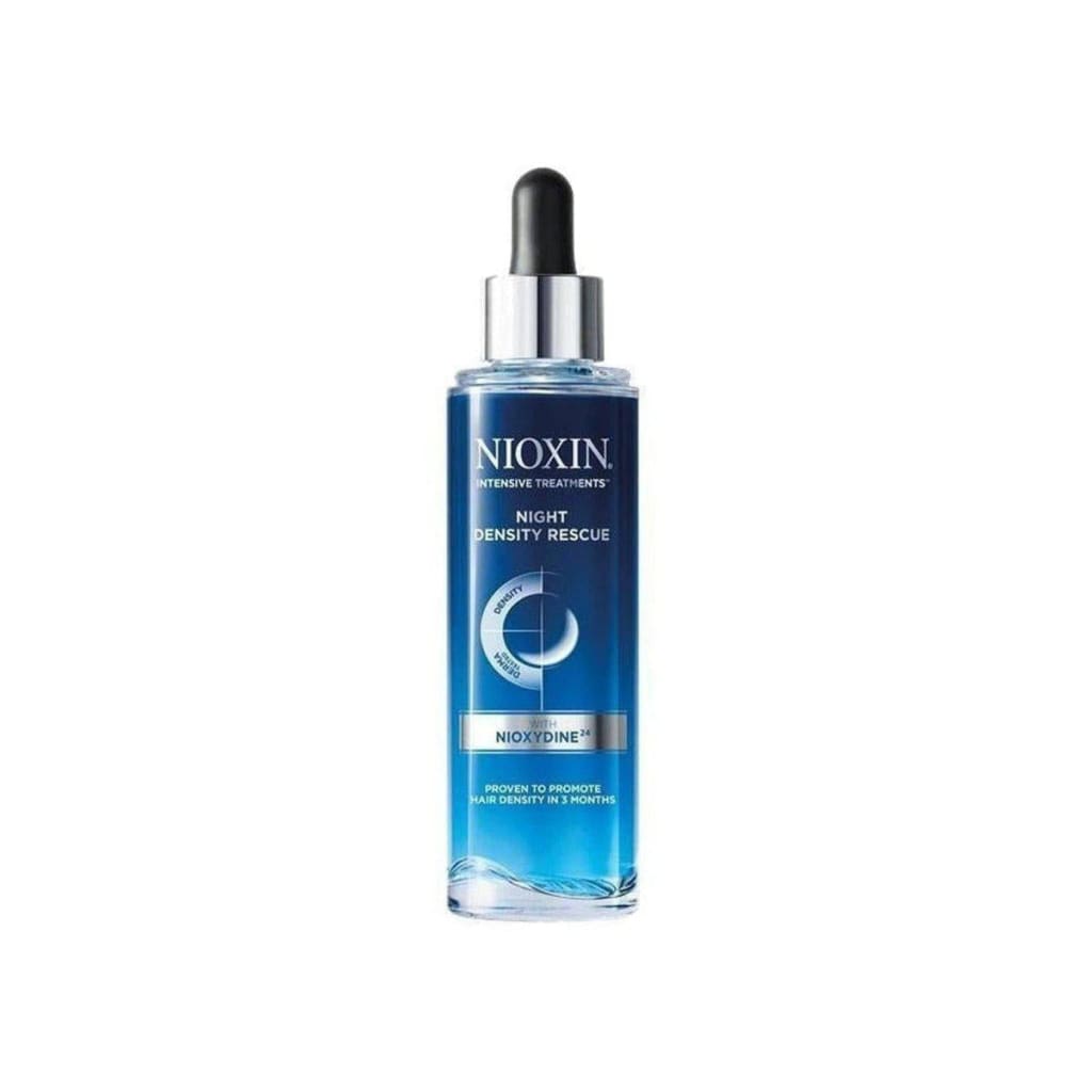 Blue bottle of Nioxin Night Density Rescue Treatment 70ml with dropper cap