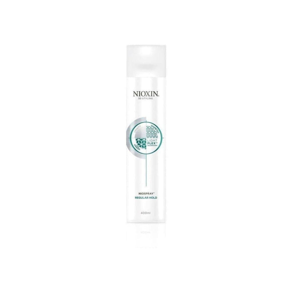 White bottle of Nioxin Regular Hold Niospray 400ml with green circular logo