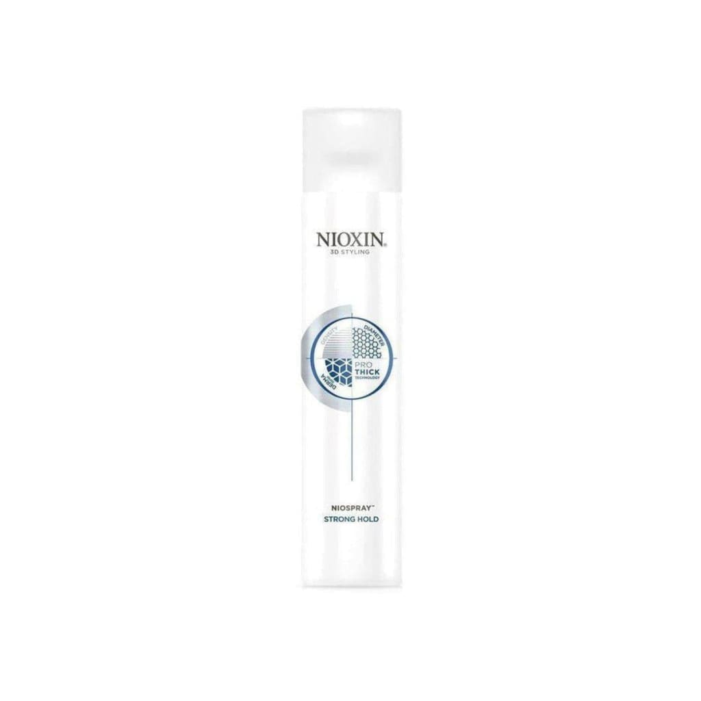 White cylindrical bottle of Nioxin Strong Hold Niospray 400ml with a circular logo