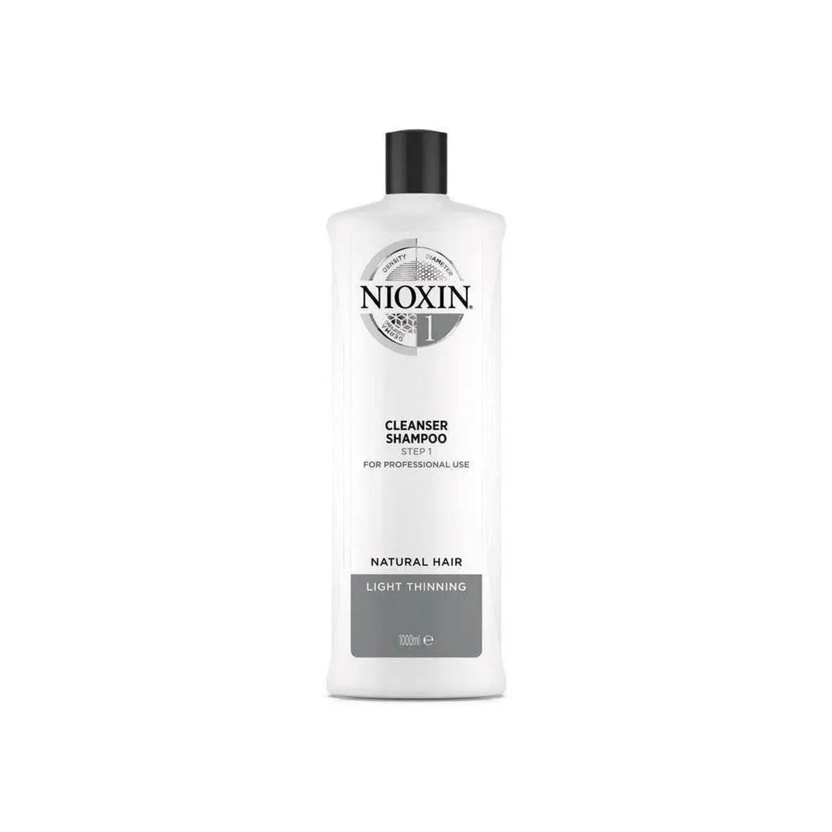 White bottle of Nioxin System 1 Cleanser Shampoo 1000ml for natural hair with light thinning