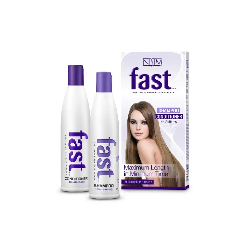 Hair care product set labeled ’FAST’ for promoting hair growth, including shampoo and conditioner bottles.