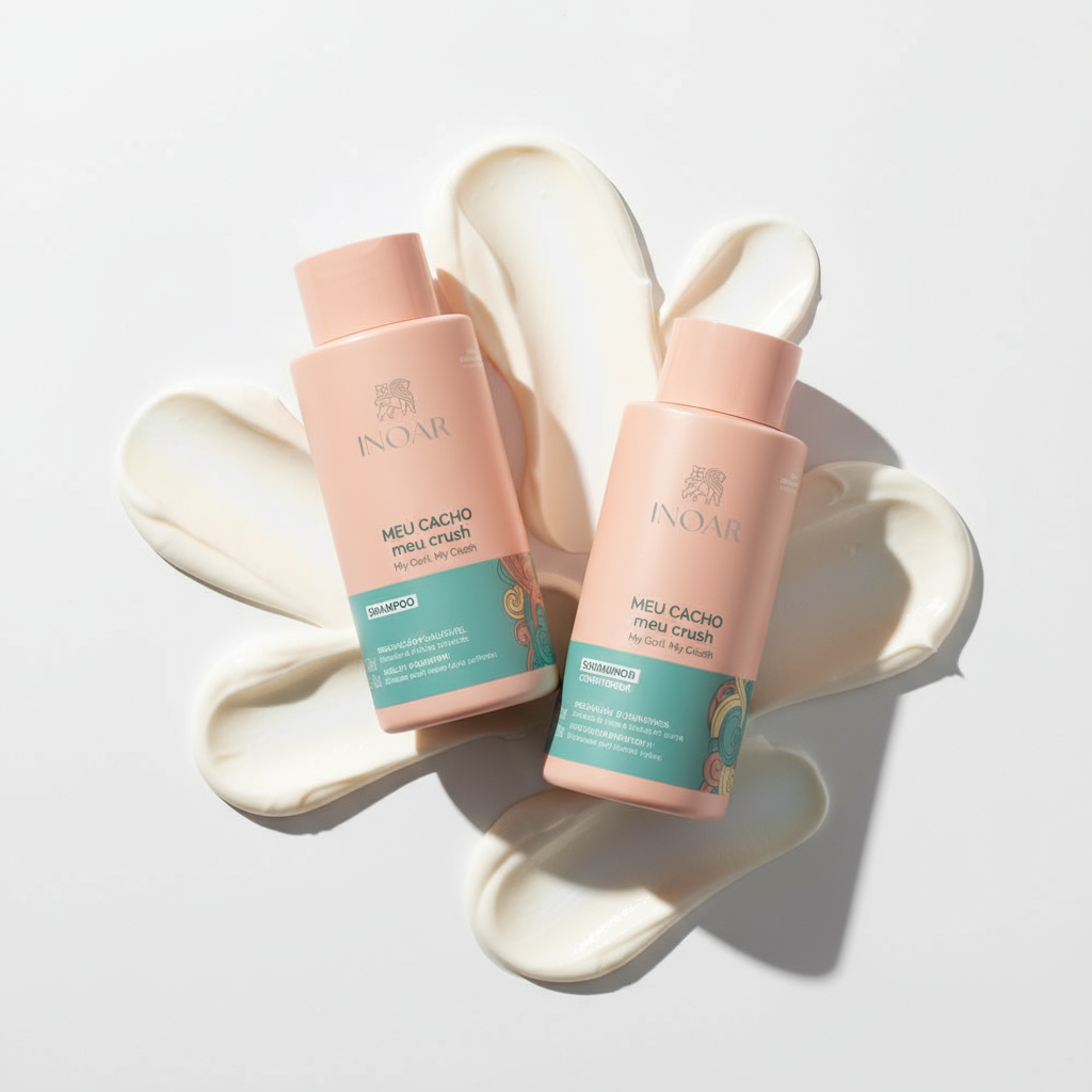 Inoar curl care shampoo and conditioner bundle with pink bottles on white cream background