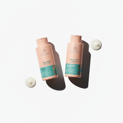 Inoar curl care shampoo and conditioner bundle with peach bottles and creamy product swatches