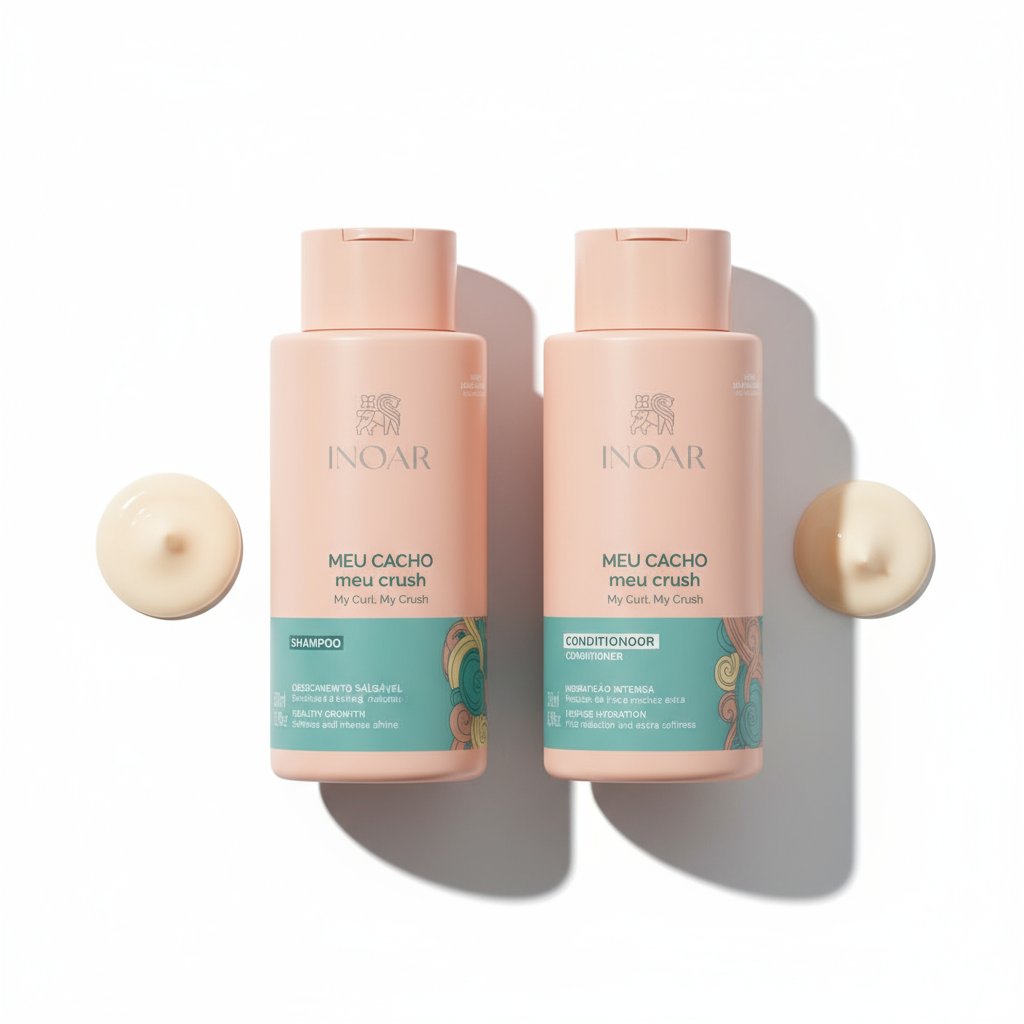 Inoar curl care shampoo and conditioner bundle with peach bottles and creamy product swatches