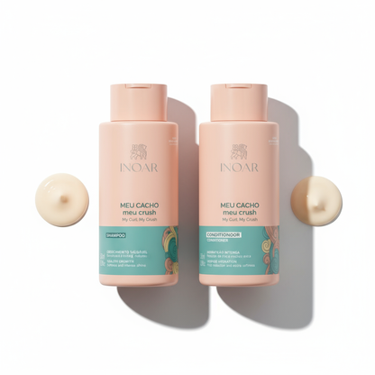 Inoar curl care shampoo and conditioner bundle with peach bottles and creamy product swatches