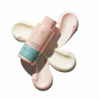 Inoar curl care shampoo and conditioner bundle with creamy textures on white background