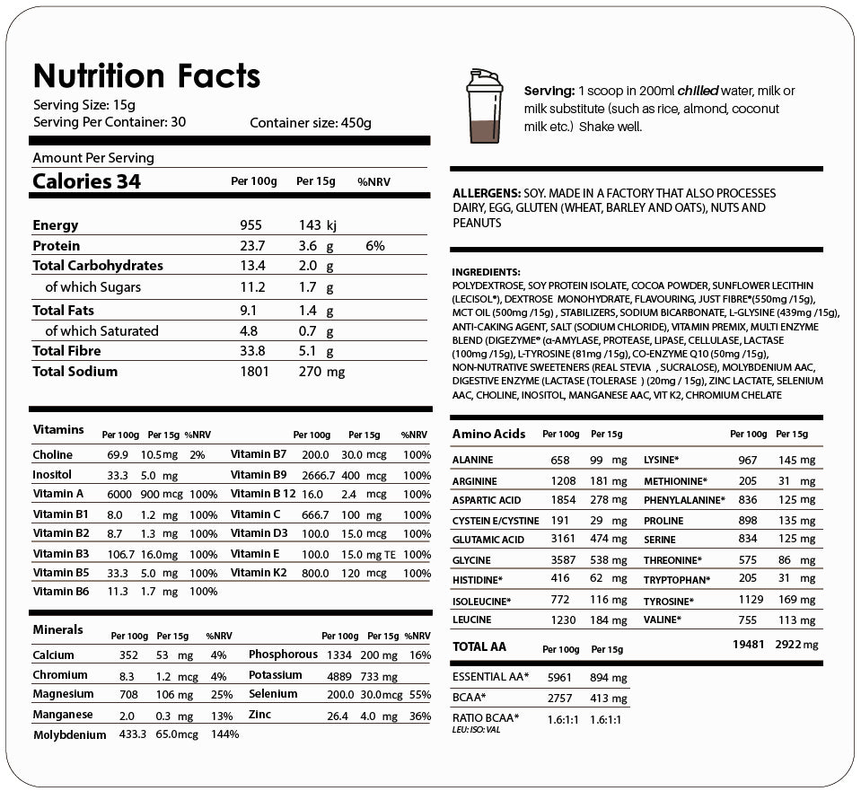 Nutritional information for Quick Grow Chocolate Vegan Collagen 450g