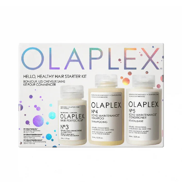 Olaplex Hello Healthy Hair Starter Kit containing three hair treatment products.