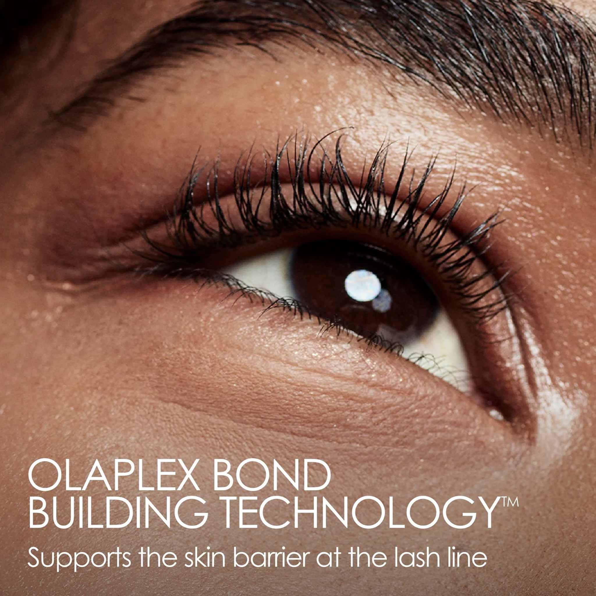 Close-up of enhanced eyelashes showcasing Olaplex Lashbond Serum with bond building technology