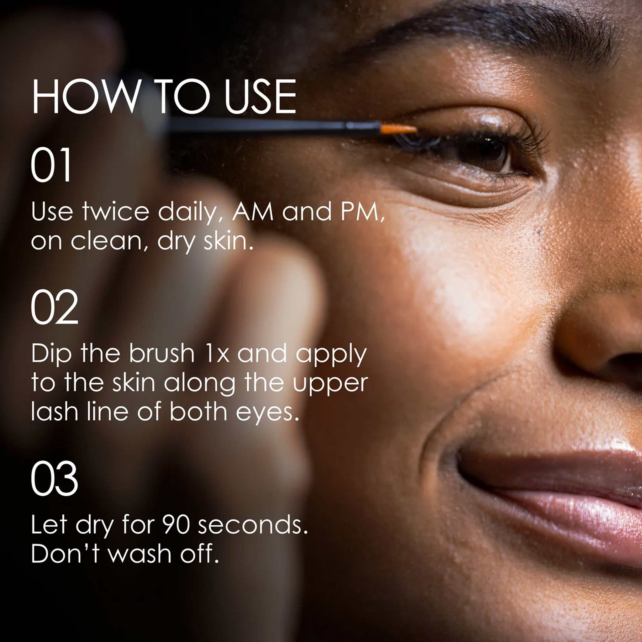 Olaplex Lashbond Serum application instructions for enhancing lashes and brows, shown on a model's eye