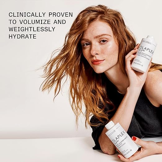 Olaplex No.4 Bond Maintenance Shampoo with a model showcasing its volumizing and hydrating benefits