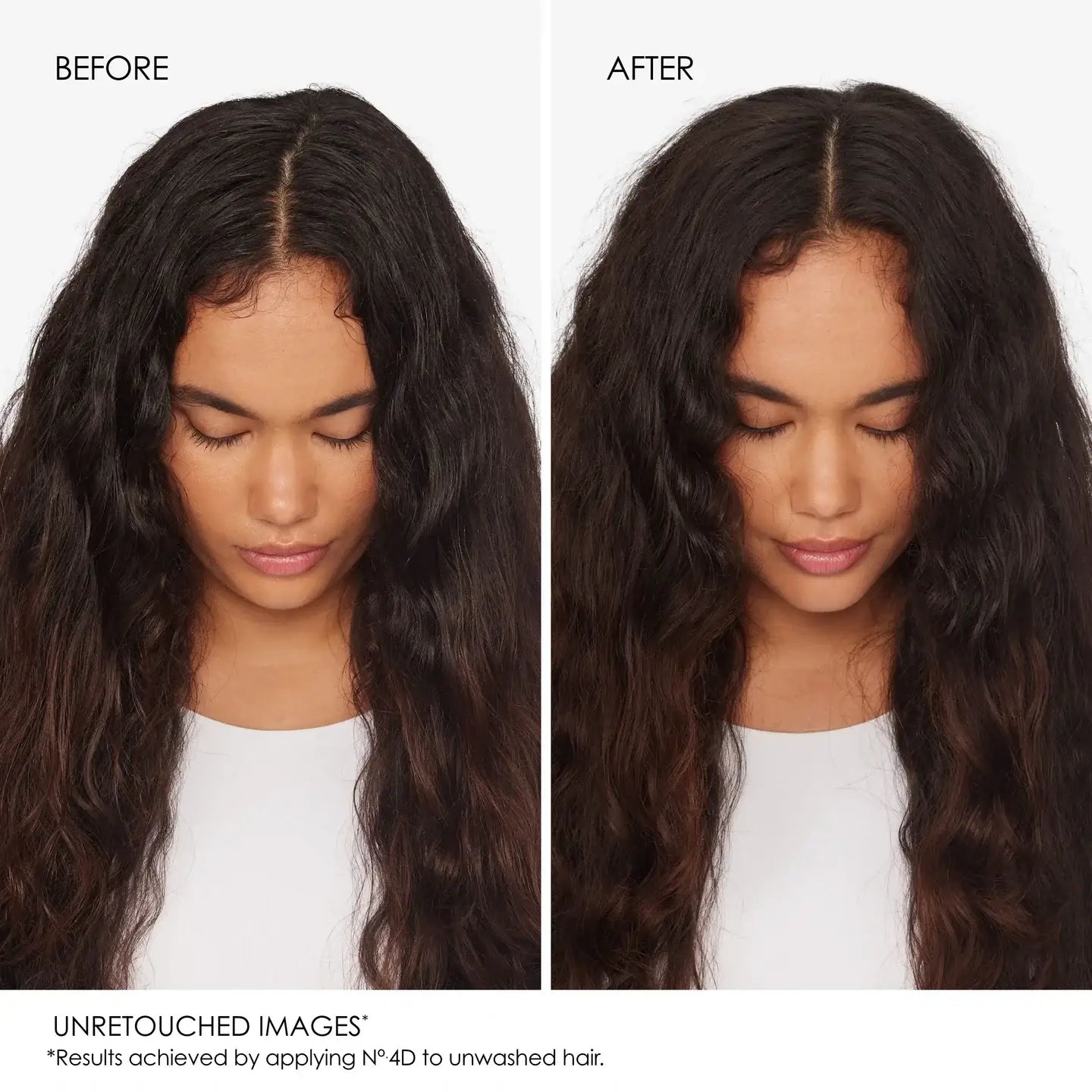 Before and after comparison showing long, dark wavy hair with a center part.